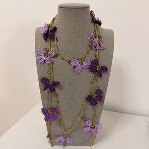 Traditional Turkish Oya Handcrafted Violets and Green  Necklace